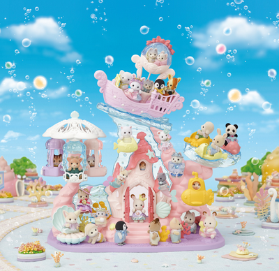 Calico Critters Baby Mermaid Castle is a ready to play, underwater castle playset for baby figures which features mechanical rides for the babies to enjoy! Shown in action with all the Calico Critter babies positioned on the rides. 