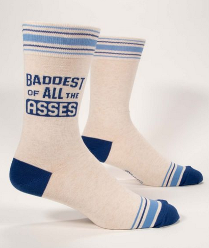 Cream crew socks with blue athletic stripes and blue text reading Baddest of ALL the Asses.