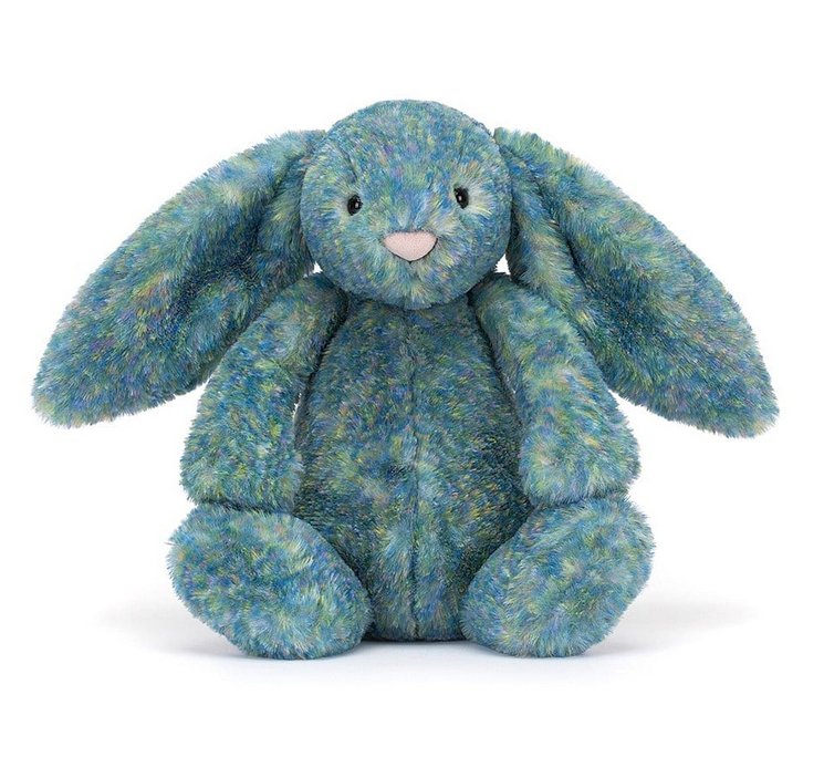 Medium Azure Bunny Bashful sitting up and facing forward. With his long lop ears and sweet pink nose. 