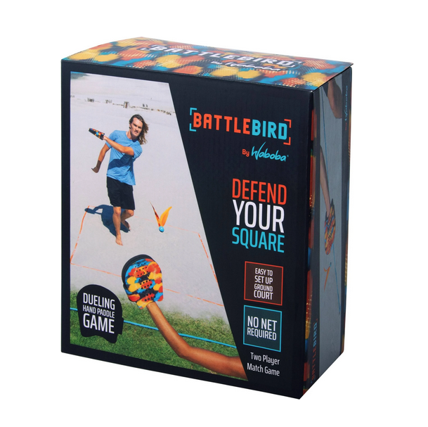 Battlebird box featuring two people wearing the Voli hand paddles and hitting the birdie. 