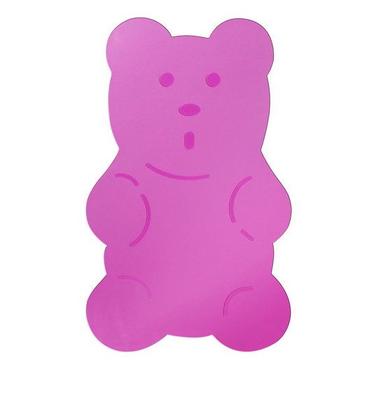 Gummy Bear shaped wall mirror in a pinkish purple hue. 