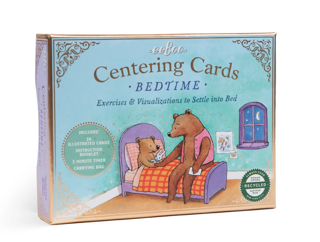 Box of Bedtime Centering Cards. Exercises and visualizations to settle into bed. Includes 36 illustrated cards, instruction booklet, 3 minute timer, and carrying bag.