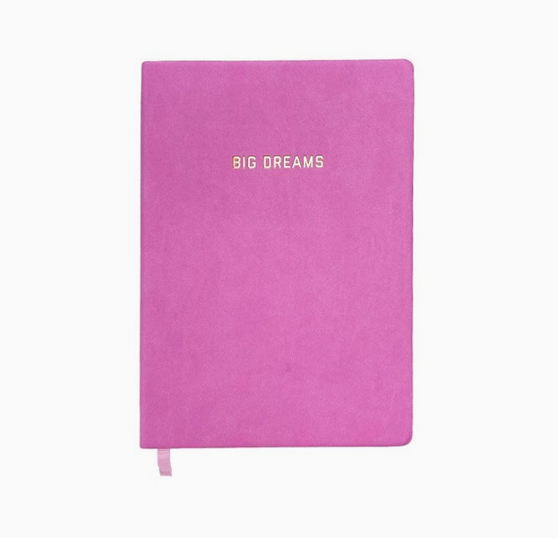 Dark pink journal cover with gold foiled letters that read "Big Dreams" , also has a ribbon place holder . 