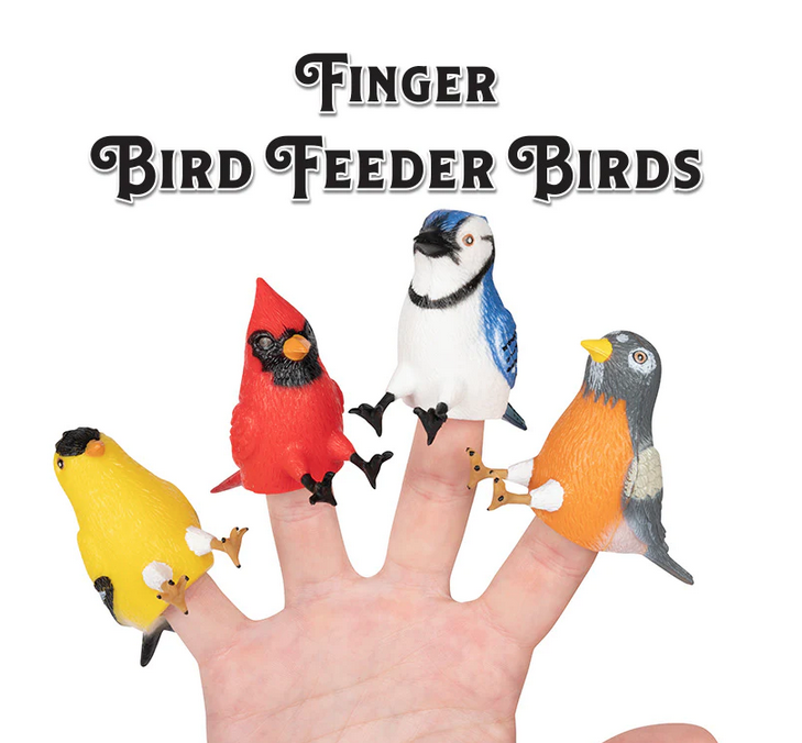 The Cardinal, Goldfinch, Robin and Blue Jay finger puppets on a hand. 