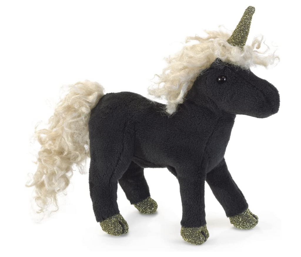Black plush unicorn with gold horn and hooves and white tail and mane finger puppet.