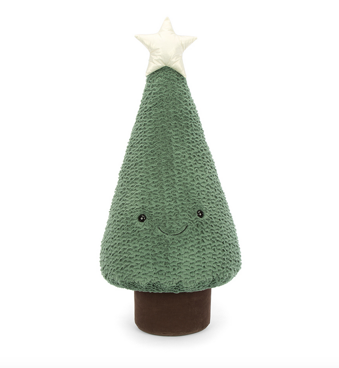 Really big Blue Spruce Christmas Tree with happy face topped with a white star plush.