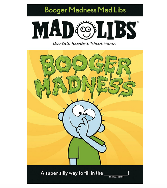 Cover for "Booger Madness Mad Libs" with an illustrated character with his finger up his nose. 