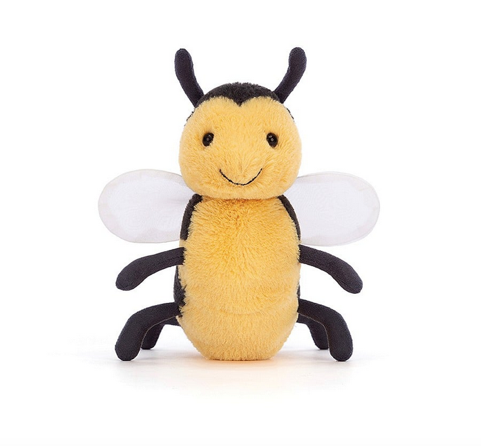 Brynlee Bee facing front and sitting up with it's yellow belly, black legs, antennae and smiling face. 