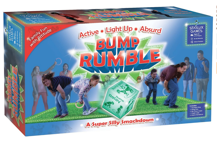 Bump Rumble a super silly smackdown game. Active. Light up. Absurd. Family fun with attitude. Ages 8 and up. 4-20 players. 30-60 minutes. Indoor/outdoor play.
