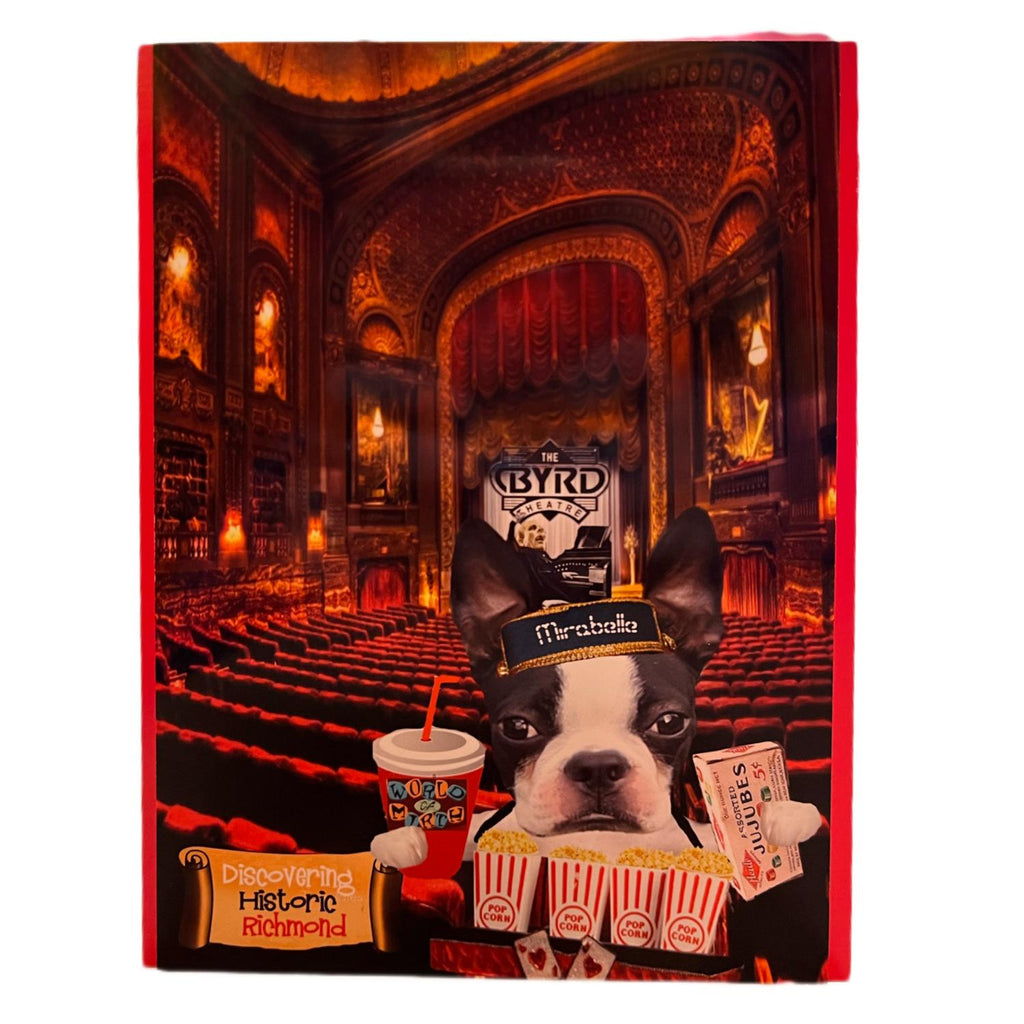 Greeting card of Mirabelle holding drinks and popcorn in the Historic Byrd Theatre in Richmond, VA.