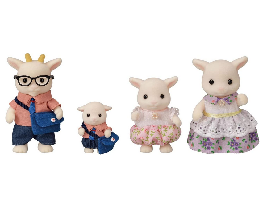 Calico Critters Goat Family includes 2 adult and 2 child fuzzy white figures.