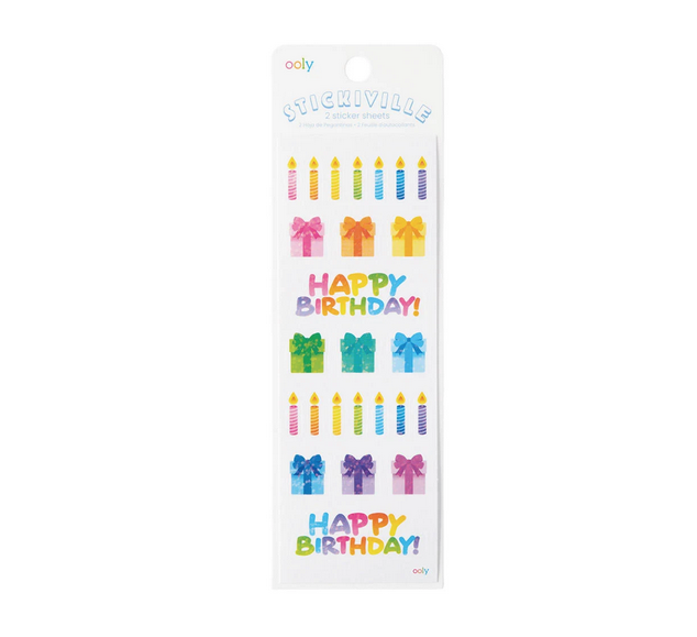 Sheet of candles and gifts happy birthday stickers.