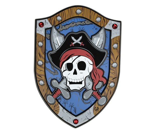Captain Skully foam shield. Front shows skull in a pirate hat and eyepatch in front of crossed swords.