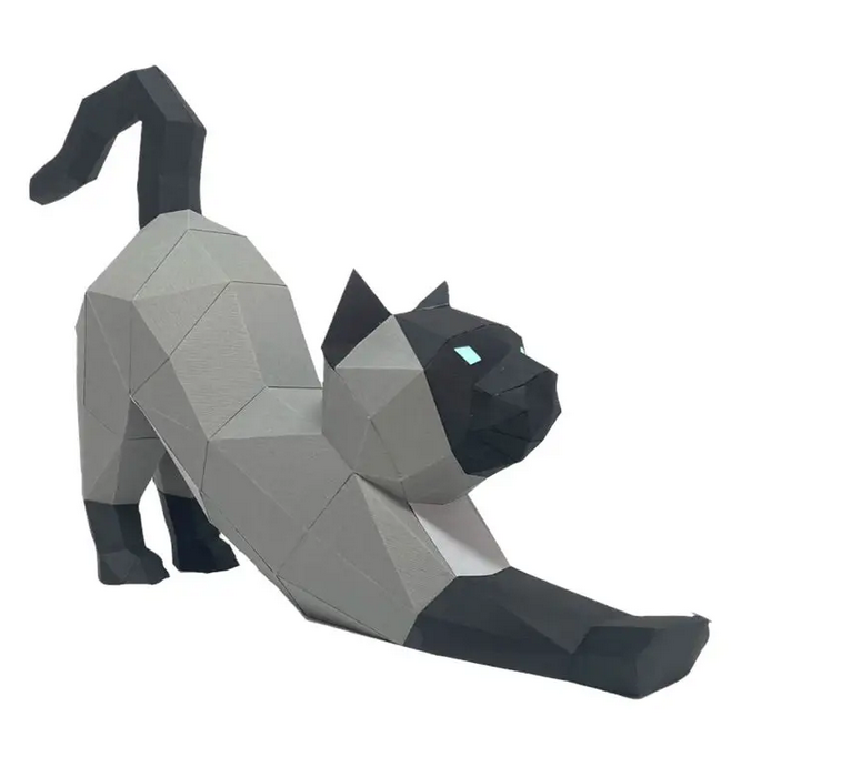 Gray and black cat stretching paper craft.