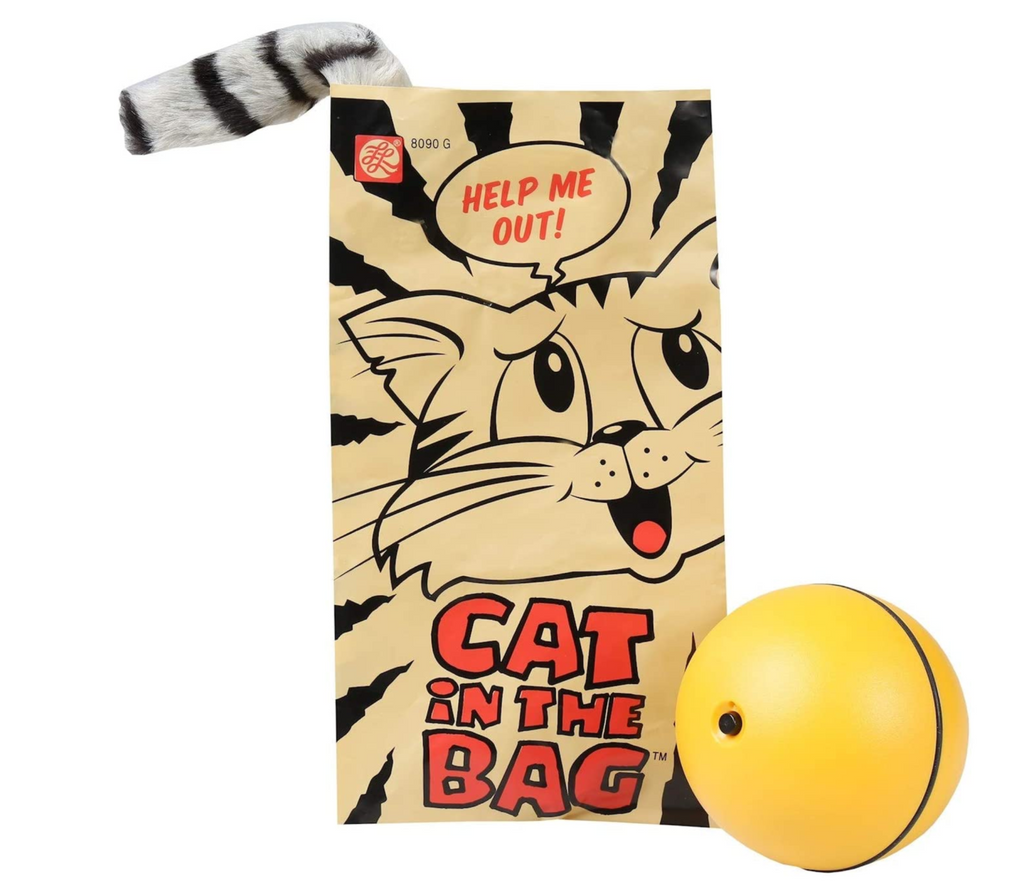 Cat in the bag prank-bag has a plush cat tail that sticks out and a battery operated ball that rolls around like a cat playing in a bag.
