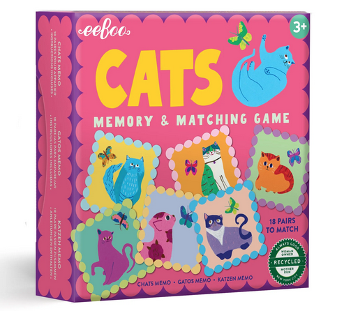 Cats Memory & Matching game box. Box is bright pink and features some of the macthing tile art.