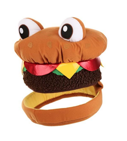 The Cheeseburger Jawsome Hat. The hat band is styled to look like a juicy burger patty, complete with lettuce, cheese, and tomato toppings. The neck band is designed to resemble the bottom half of a bun, while the stuffed crown of the hat represents the top half.