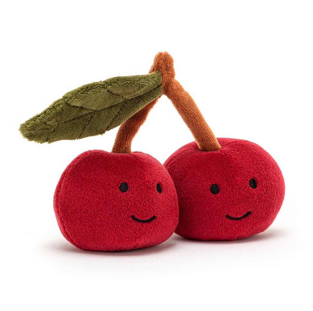 Pair of red smiling plush cherries by Jellycat Fabulous Fruit.