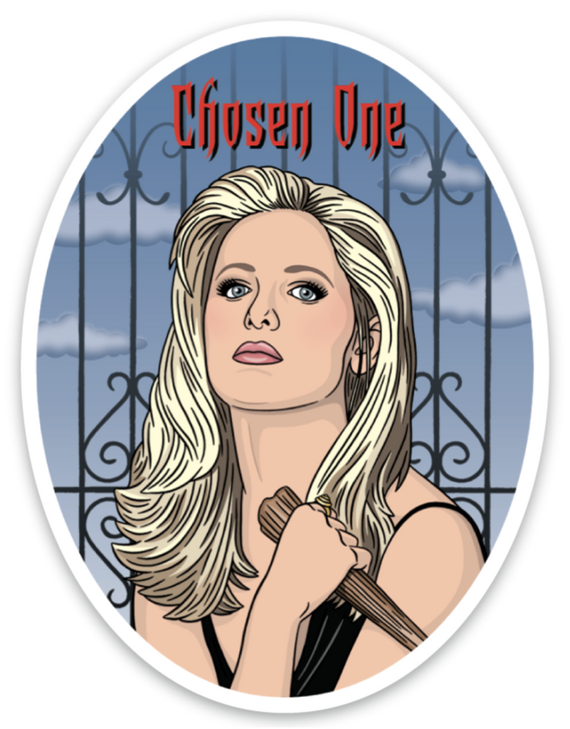 Oval sticker. Illustration of Buffy the Vampire Slayer holding a wood spike. Text reads Chosen One.