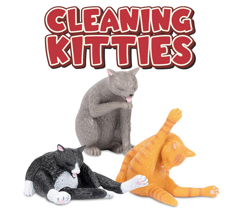Three cat figures. Grey cat is licking it's paw, ornage cat has it's leg behind it's head and the black and white cat is cleaning it's tail.