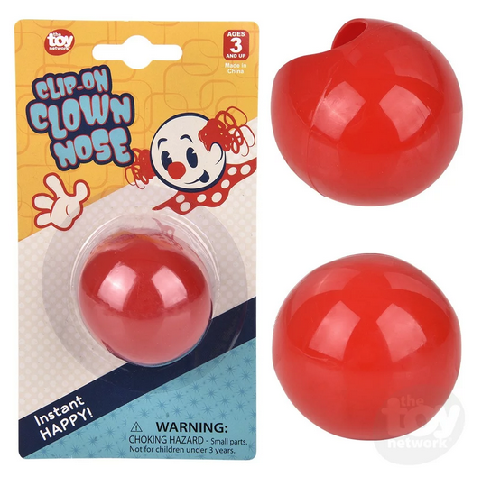 Bright red, round, clip on clown nose with a front view and a side view to show where it fits over your nose. 