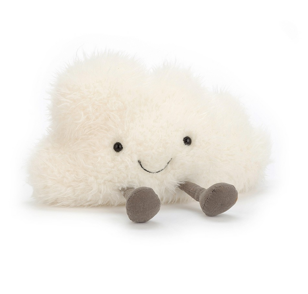 Fluffy cloud shaped plush with black eyes and smile with brown corderoy legs by Jellycat.
