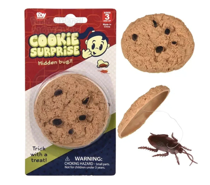 Cookie Surprise trick, shown in it's package on a hang card with vintage graphics, the trick cookie out of the package, and showing the trick roach under the cookie. 