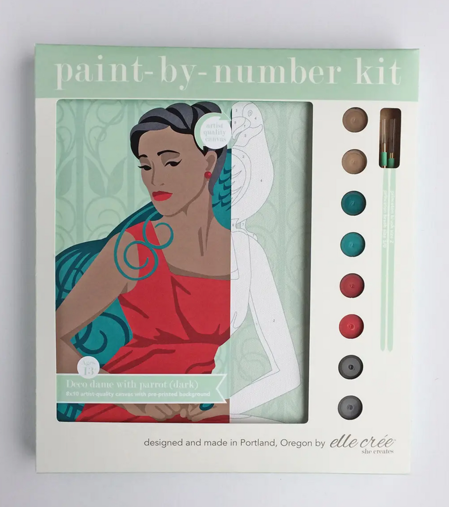 Paint by number kit of a retro dark skin toned art deco style woman in a red dress with a peacock on her shoulder.