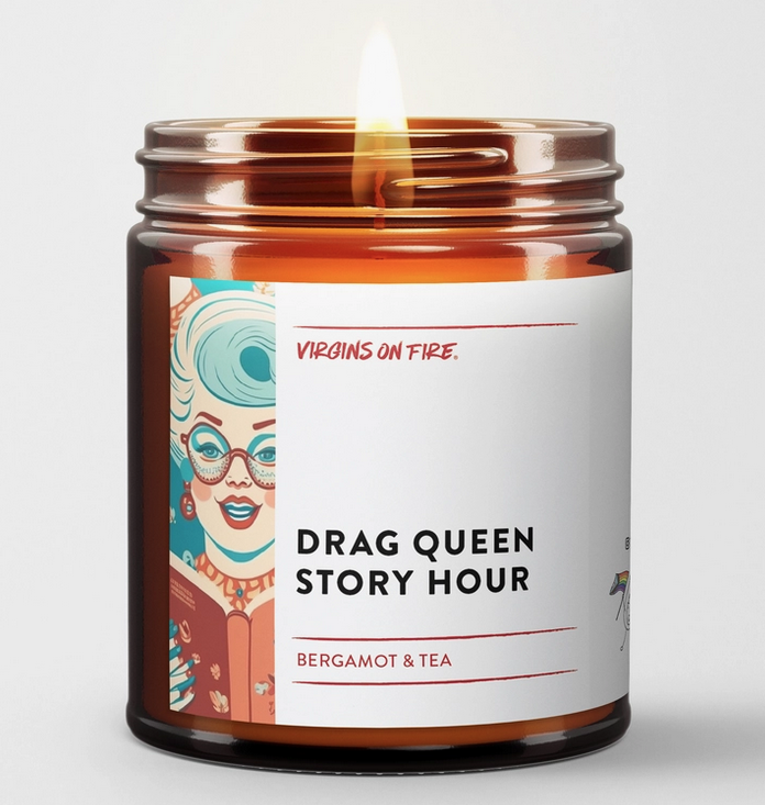 Brown glass jar with white wraparound label that reads "Drag Queen Story Hour" with illustration of a queen reading. label 