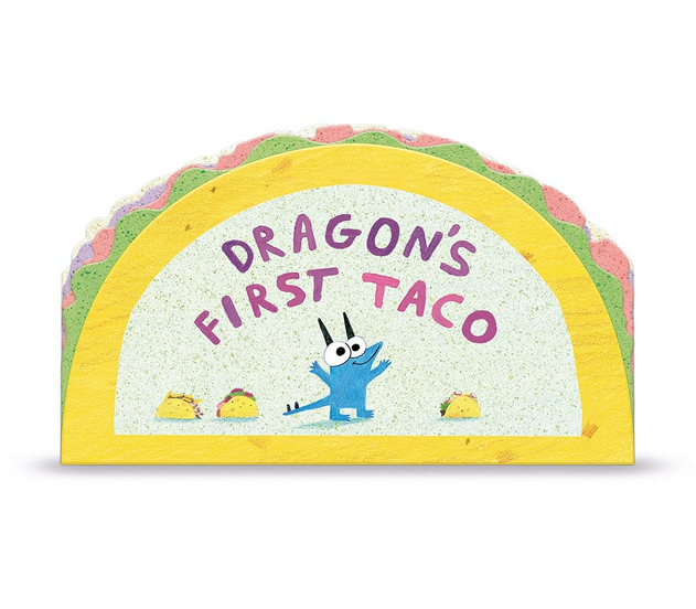 Taco shaped board book with different layers of pages coming out of the shell.  There is an illustration of a little blue dragon surrounded by tacos. 