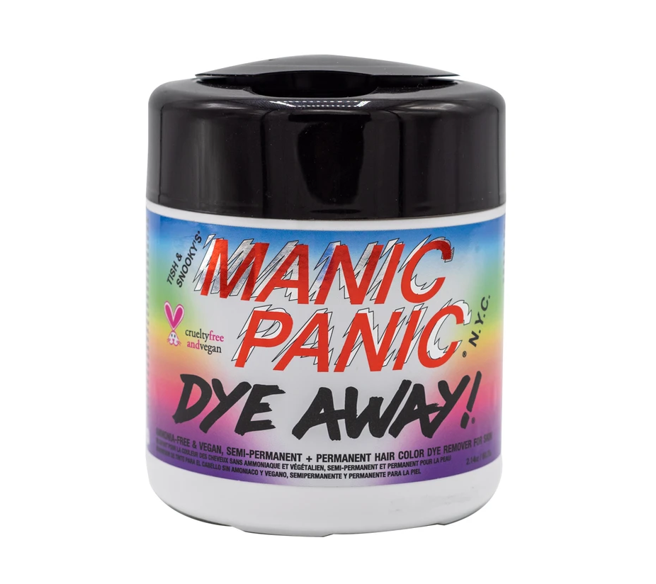 Jar of Manic Panic Dye Away Wipes. Ammonia free and vegan. Semi-permanent adn permanent hair color dye remover for skin.