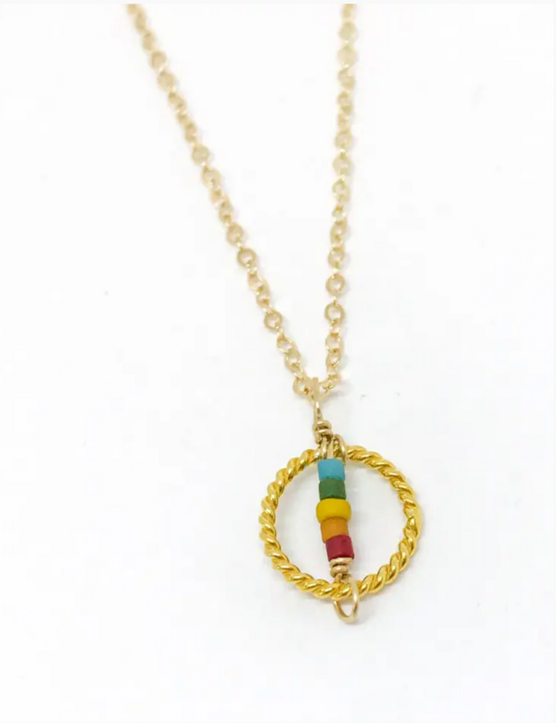14K gold chain necklace with a twist gold circle charm with a straight bar of rainbow colored beads from top to bottom.