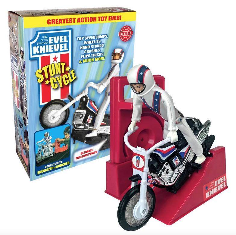 Official Evel Knievel reproduction vintage stunt cycle with energizer launcher and action figure!