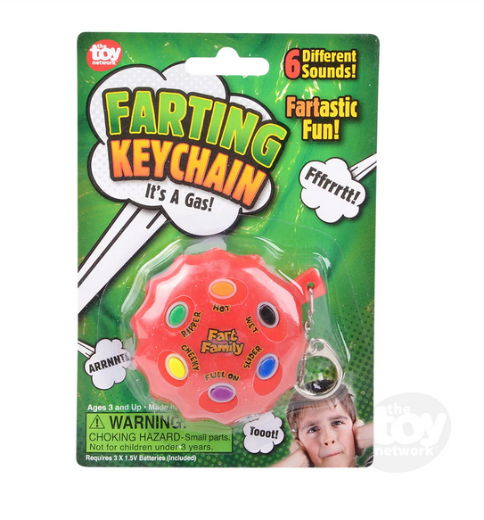 The Farting Keychain packaged on a blister card. 