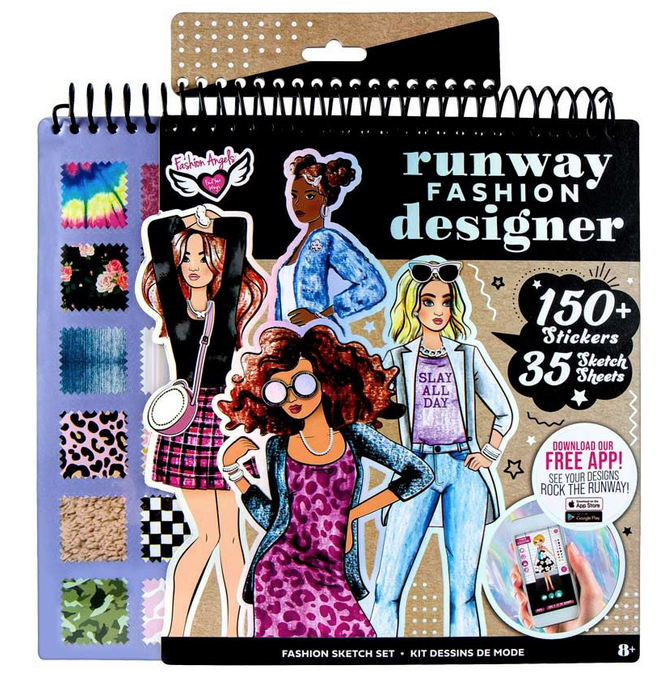 Cover of the Fashion Runway Portfolio sketch set. It's spiral bound with fabric swatches and illustrations of models. 