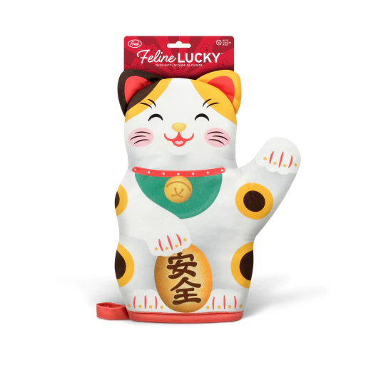 Feline Lucky Oven Mitt is a white kitty with black and yellow spots and his arm up and waving to bring good fortune. 