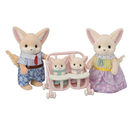 Calico Critters Fennec Fox Family features 2 adult and 2 twin fox kits in a double stroller.
