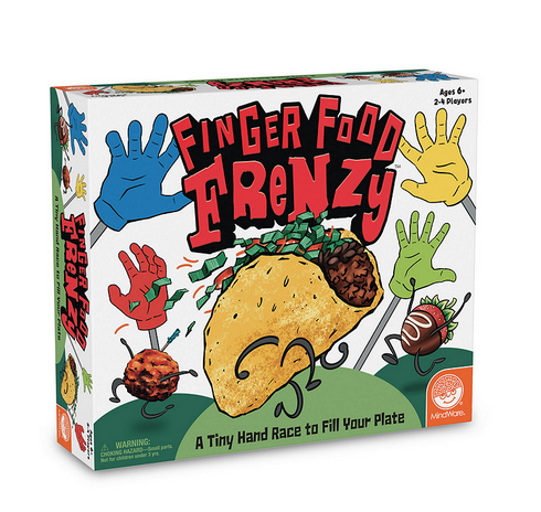 Finger Food Frenzy game box. The tiny hands and the most delicious finger foods you've ever seen adorn the front of the box. From saucy meatballs to spicy tacos and shrimp sushi, the tastiest treats are up for grabs in this fast paced all ages game.. 