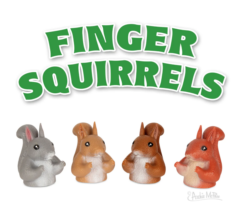 Four squirrel finger puppets. Grey, light brown, dark brown and red. 