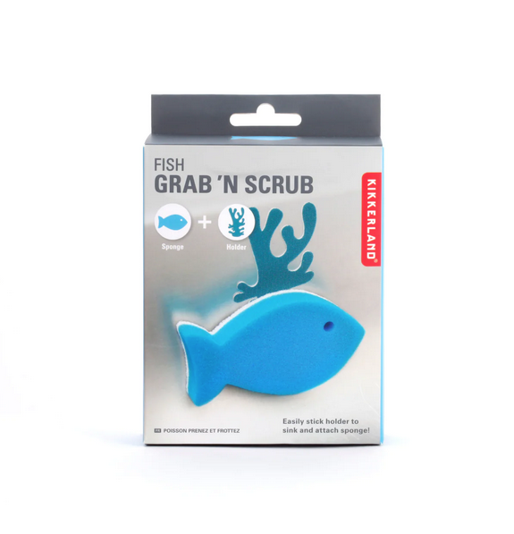 Cardboard box with picture of the fish shaped scrubber attached to the coral shaped holder. 