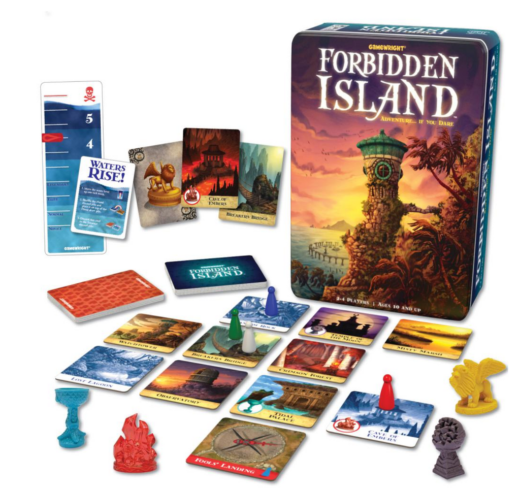 Box and playing pieces of game Forbidden Island.