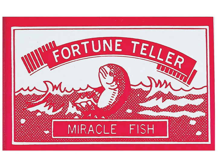Red illustrated image of the Fortune Teller Miracle fish novelty on a white background. The Miracle Fish is a retro novelty plastic fish that is placed in your hand. The way it moves or curls up is akin to a mood ring, reading your current mood. 