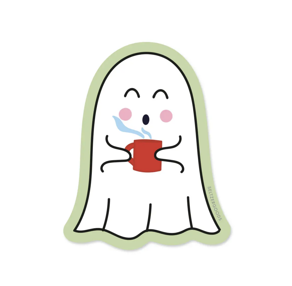 Diecut sticker of a white ghost holding a hot mug of tea or coffee.