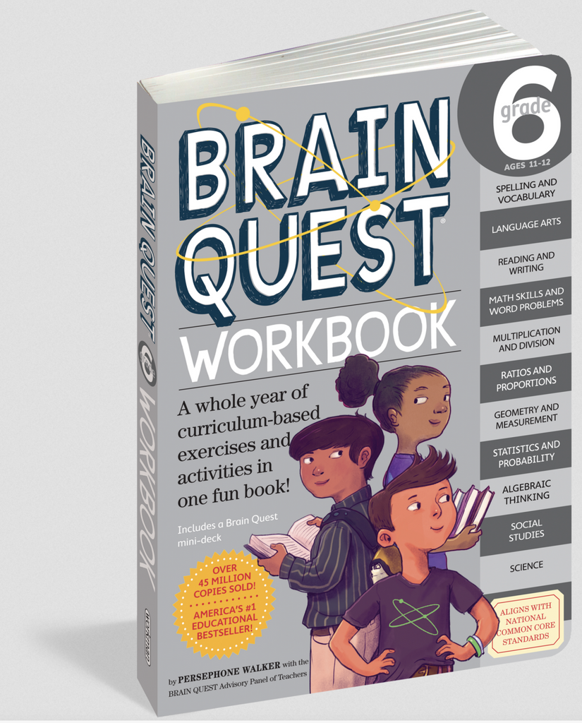 Cover of Brain Quest Workbook Grade 6. A whole year of curriculum based exercises and activities in one fun book.
