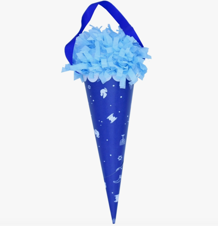 Hanukah Surprise cone with blue hanukkah themed paper wrapped around it and light blue tissue paper confetti at the top. 