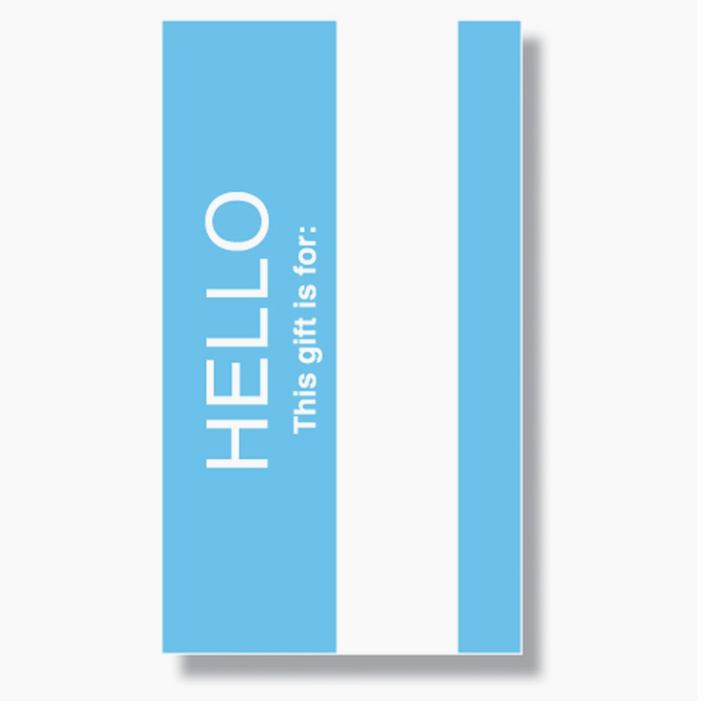 Gift enclosure card that looks like a Hello my name is sticker.