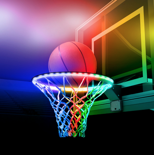 Image of basketball going through lit up HoopBrightz.
