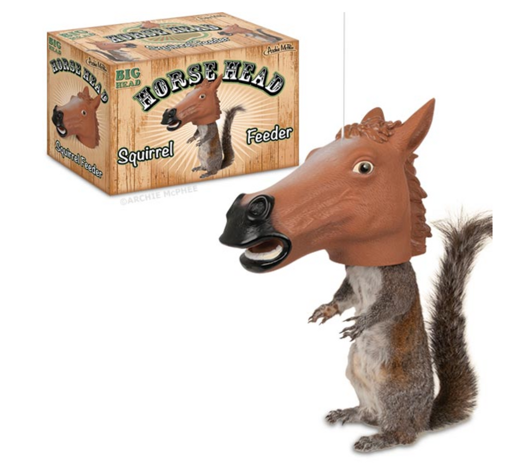 Brown Horse Head shaped squirrel feeder. Made of plastic whith hole in the bottom for squirrels to put head into for seeds and treats.