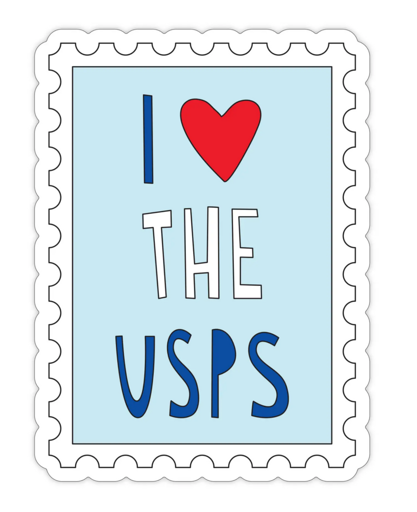 Sticker that looks like a postage stamp and says I love the USPS.