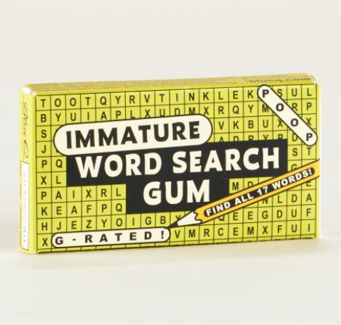 Box of Immature Word Search Gum, The box has a yellow background with the word "poop" and "G rated" circled as if found in a word search. 
